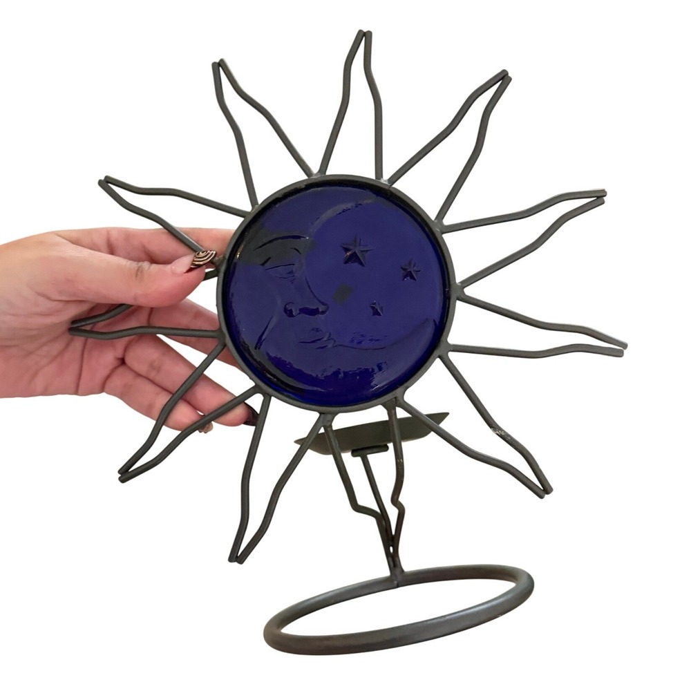 Vintage Celestial Candle Holder Blue Cobalt Sun Moon Metal Frame